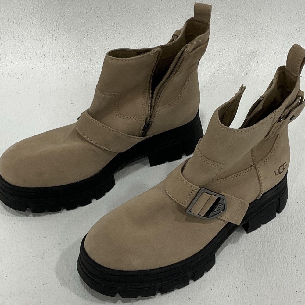 UGG Tan Ankle Boots with Chunky Sole and Buckle Strap